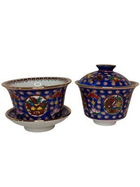 Chinese Gaiwan Tea Set Blue Gold Red Yellow 2 Cups 1 Saucer 1 Lid